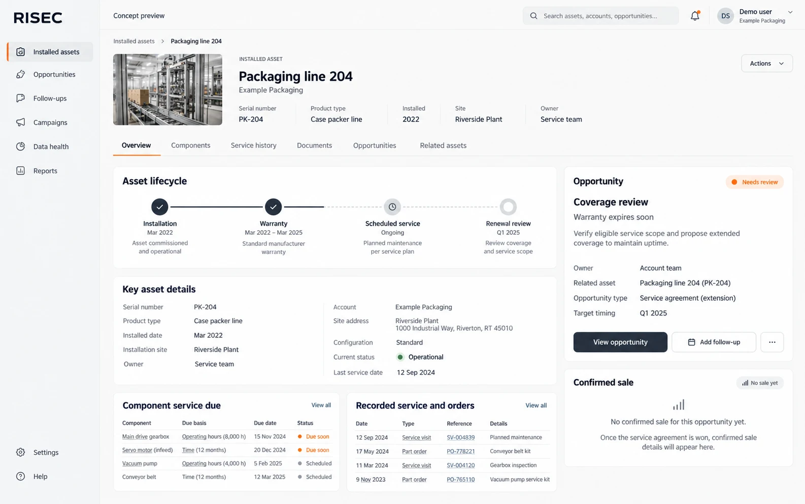 Aftersales revenue: asset & due event, proposed UI concept
