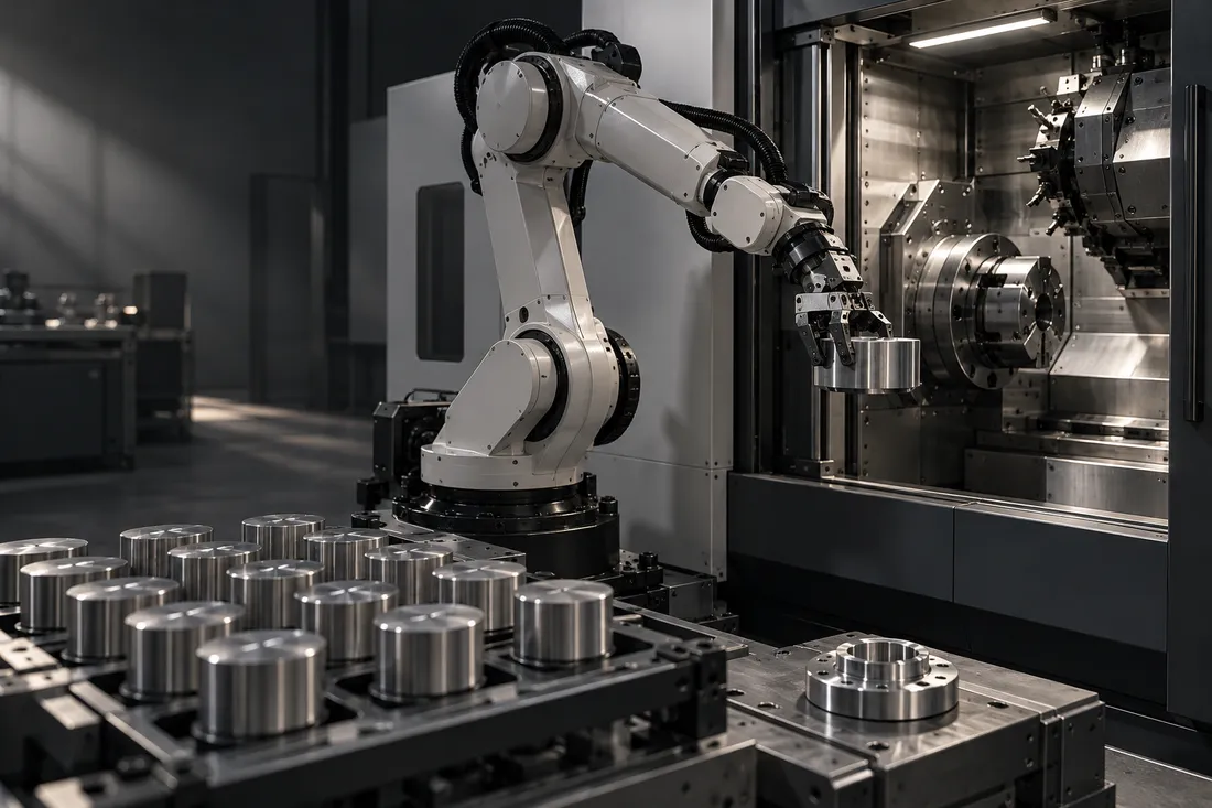 Concept of a robotic CNC tending cell with staged metal parts
