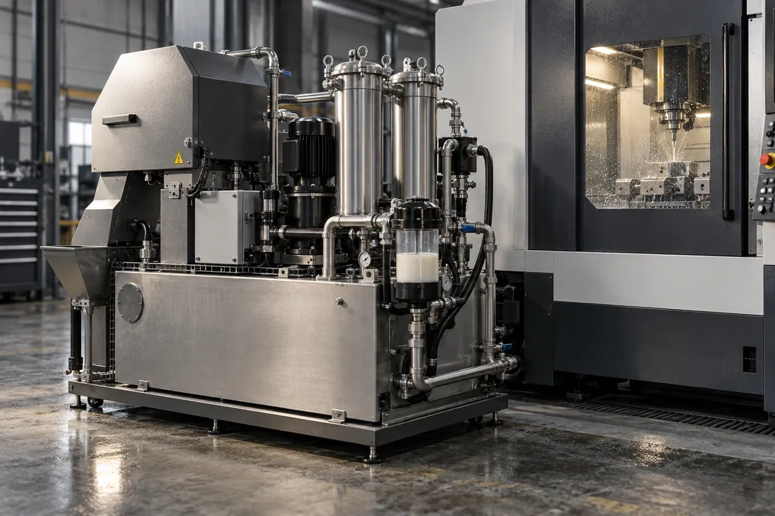 Industrial concept of coolant filtration and oil-separation equipment beside machining systems
