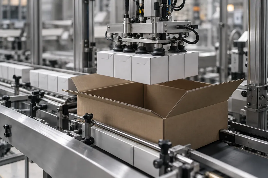 Industrial concept of cartons, conveyors and an automated case-packing cell