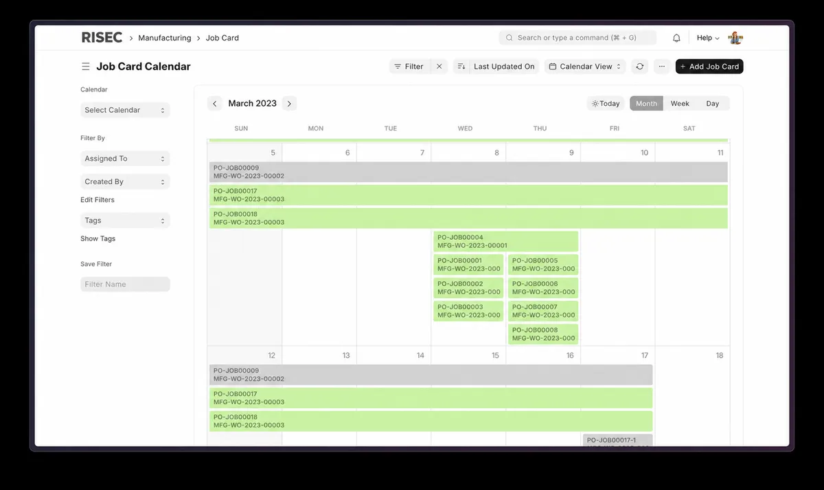 RISEC manufacturing ERP job-card calendar with representative sample data