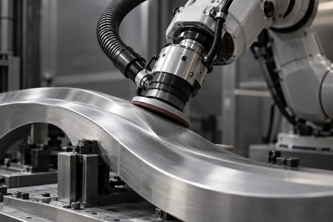 Industrial concept of a force-controlled robotic finishing tool working on a metal part