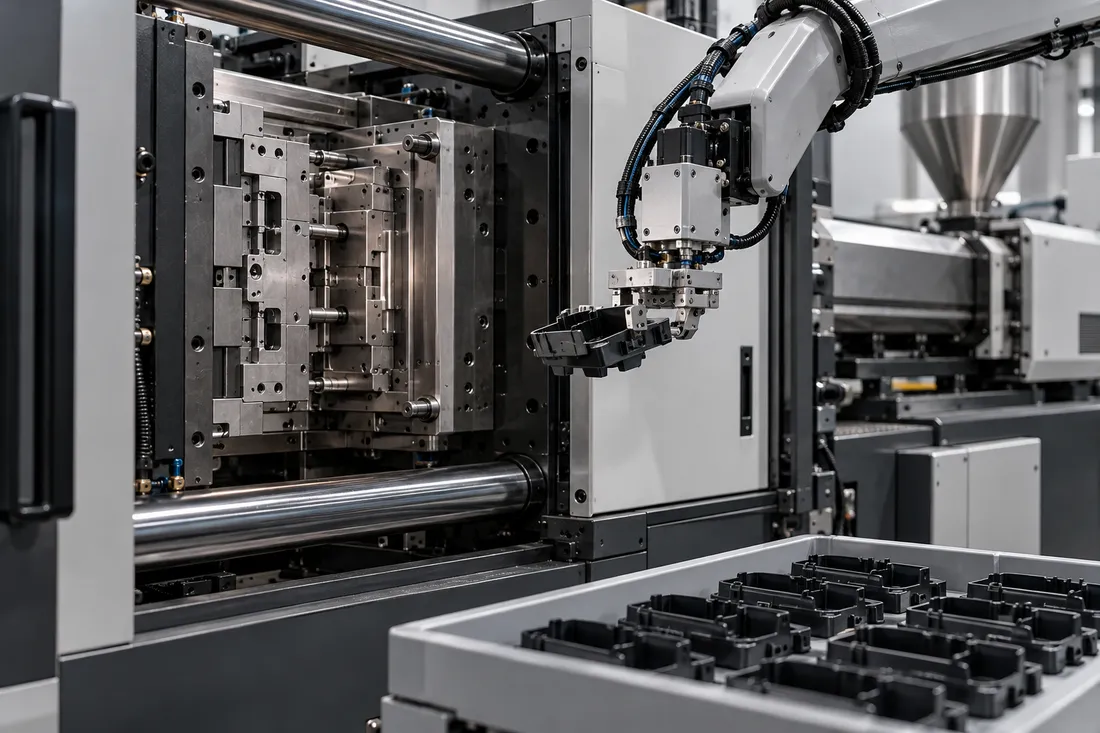 Industrial concept of a robot removing a molded part from an injection-molding machine