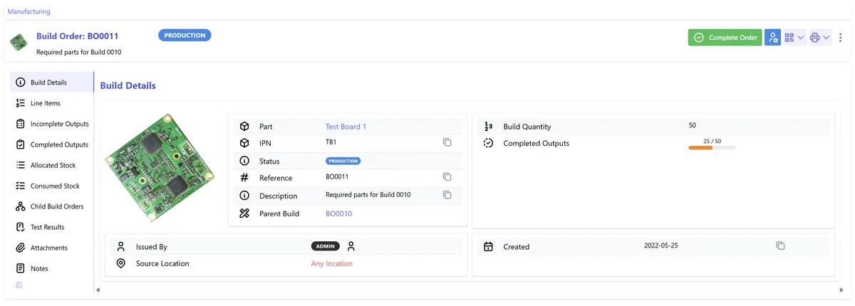 RISEC inventory build-order material allocation and completion screen
