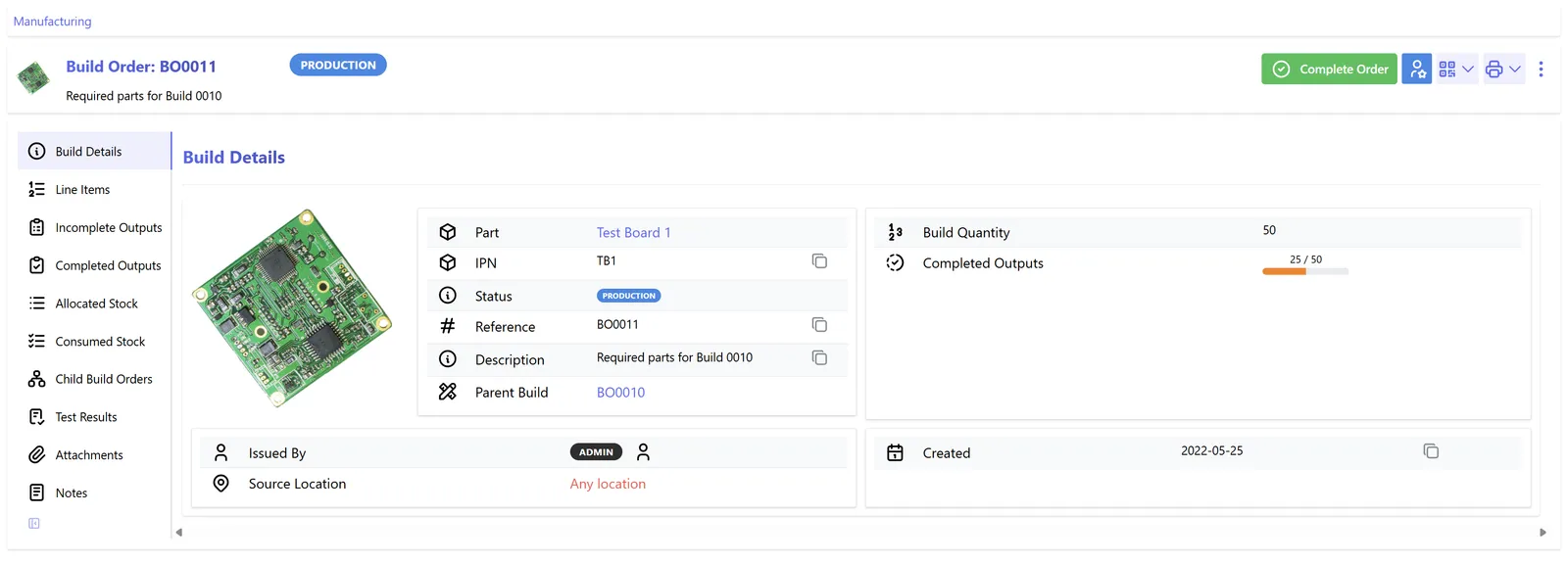 Genuine build order showing quantities, completed output, component allocation and child builds
