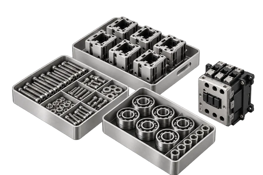 Illustration of precision components organized in brushed-metal stock trays