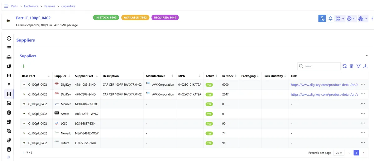 RISEC inventory part identity and supplier records with sample data