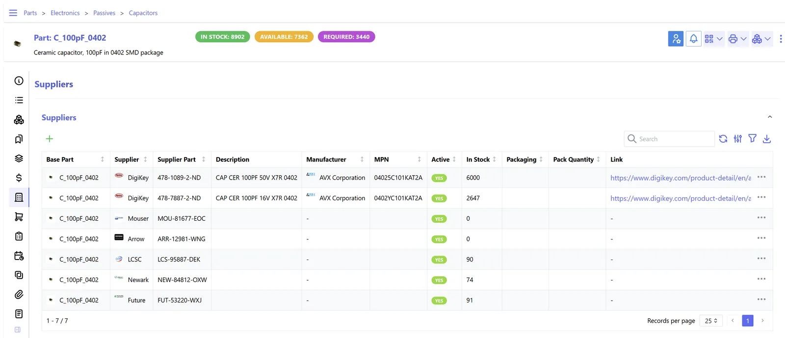 Genuine part overview showing supplier references, part attributes and stock totals