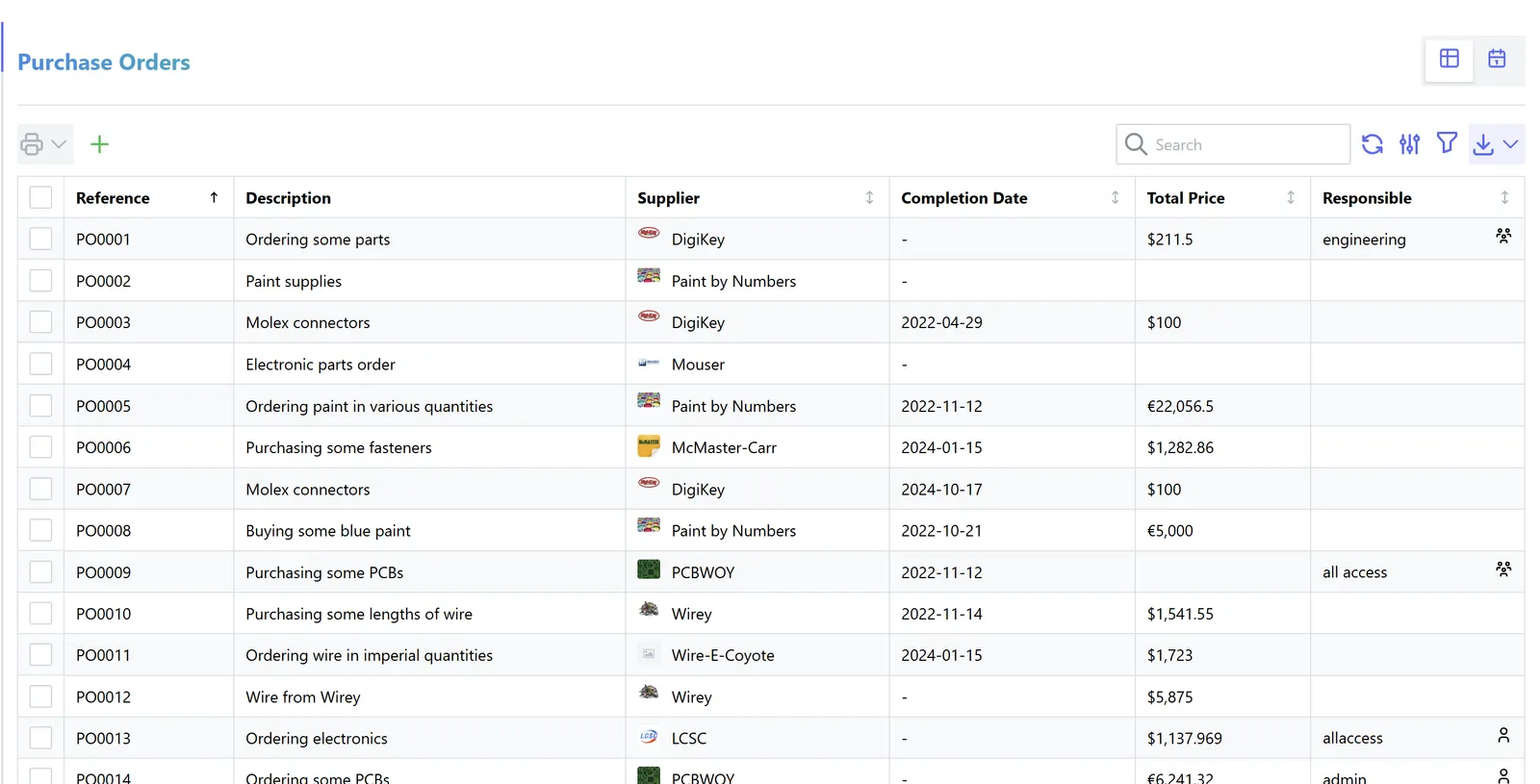 Genuine purchase order overview with suppliers, status, dates and order totals