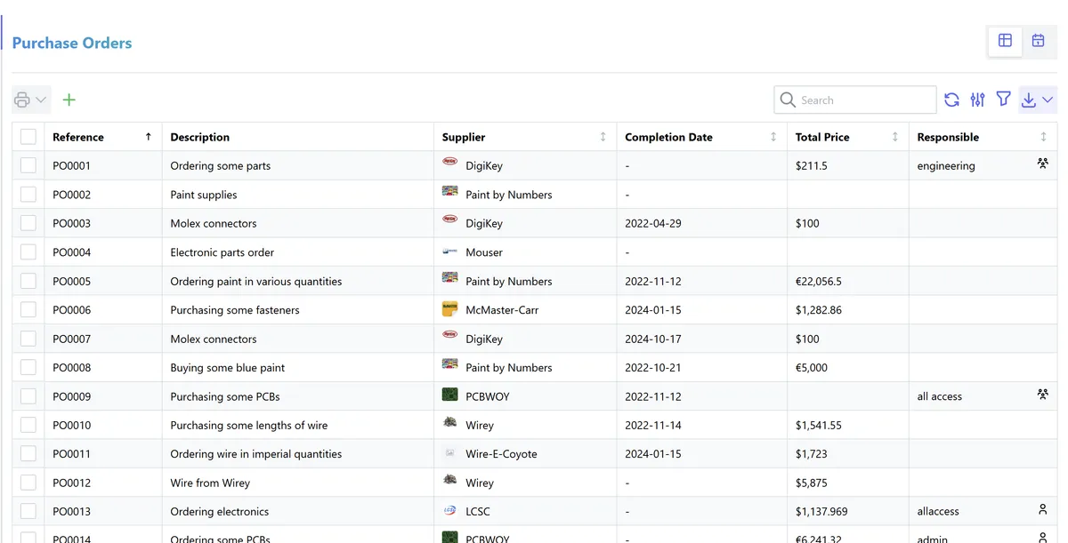 RISEC inventory purchase-order list with representative sample data