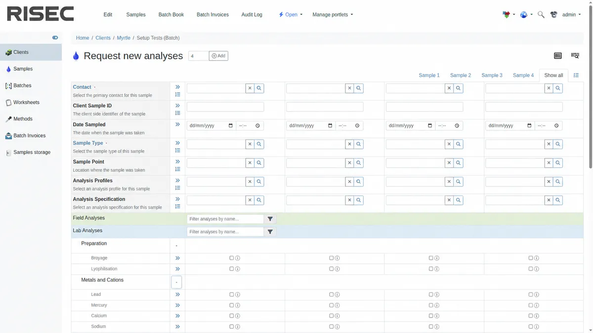RISEC laboratory sample registration interface
