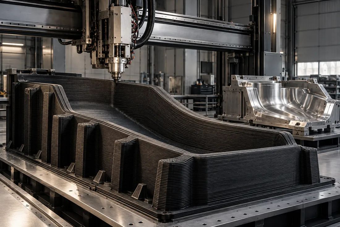 Industrial concept of a large-format 3D printer building a near-net-shape tooling blank