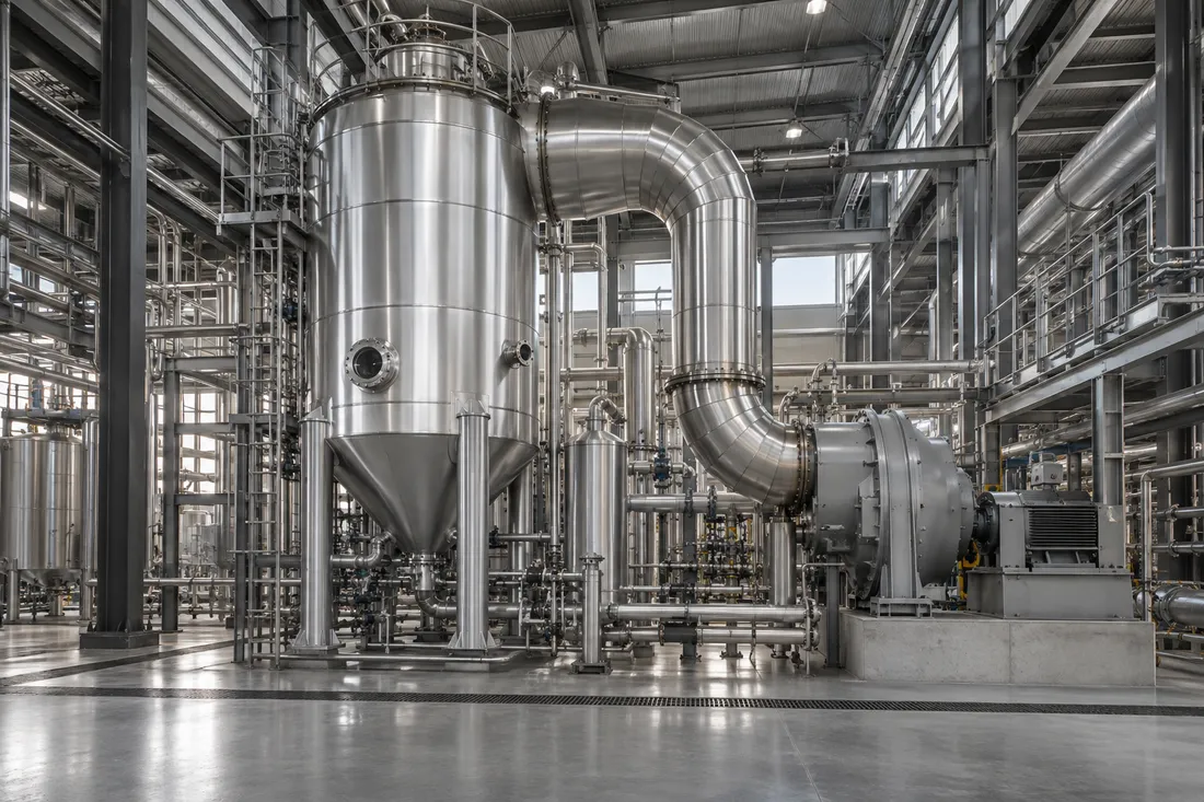 Industrial concept of evaporation vessels, compressor equipment and heat-recovery piping