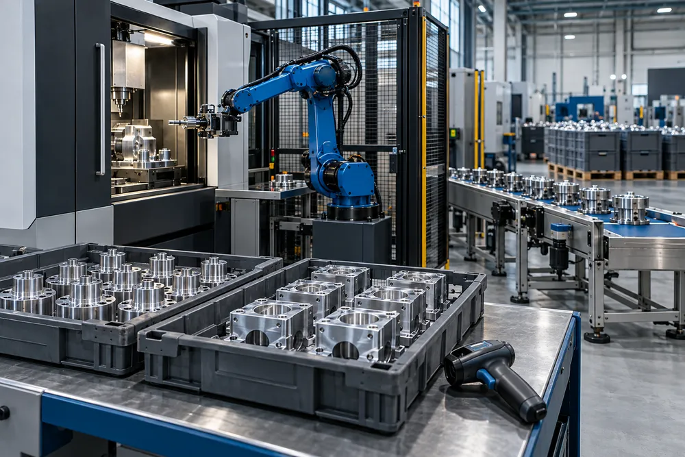 Industrial concept of a cobalt robot tending a CNC beside organized component trays and a finished-goods conveyor