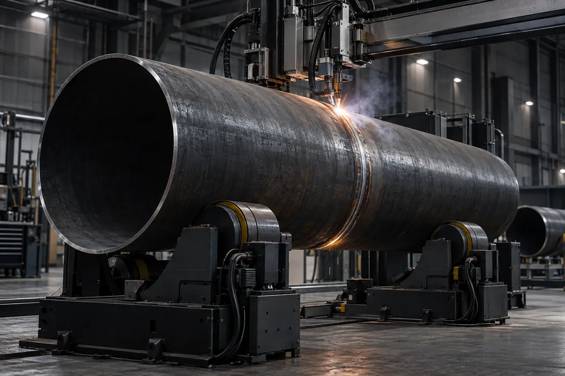 Industrial concept of an automated welding torch working on a pipe spool held for rotation