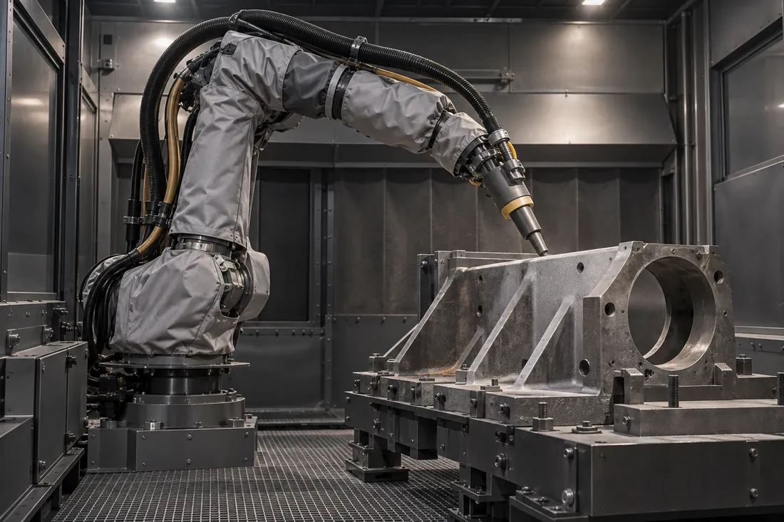 Industrial concept of enclosed robotic abrasive blasting on a metal workpiece