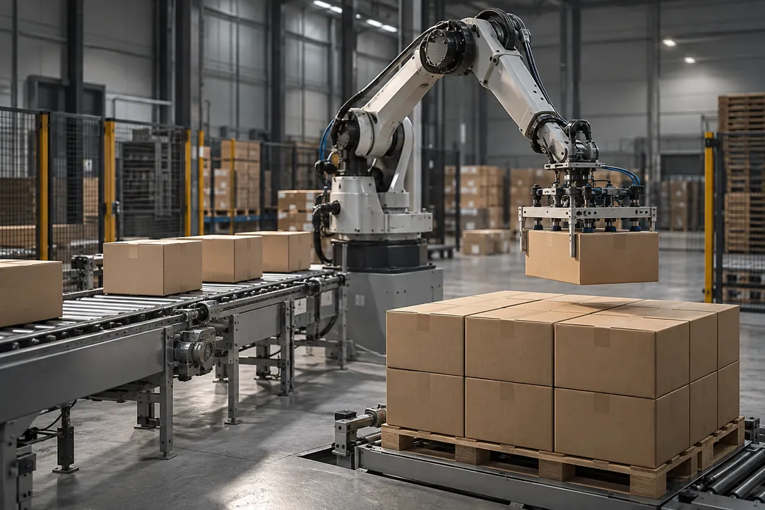 Industrial concept of a robot stacking finished cartons onto a pallet beside a conveyor