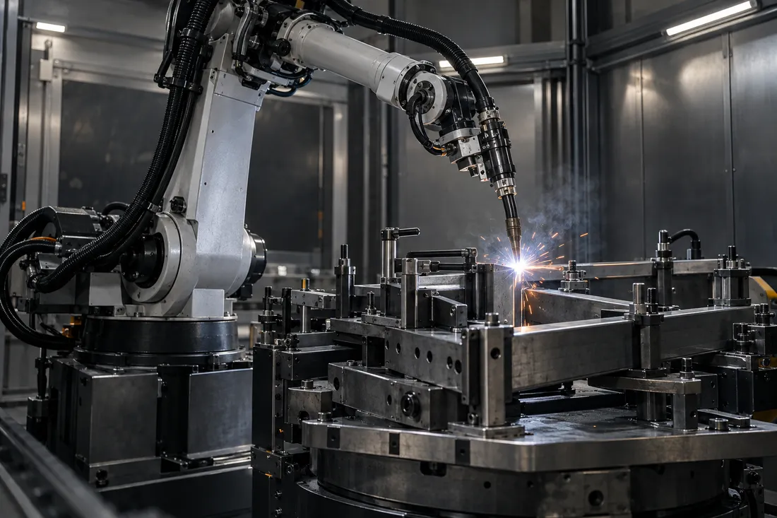 Concept of a robotic welding cell with fixtured metal components