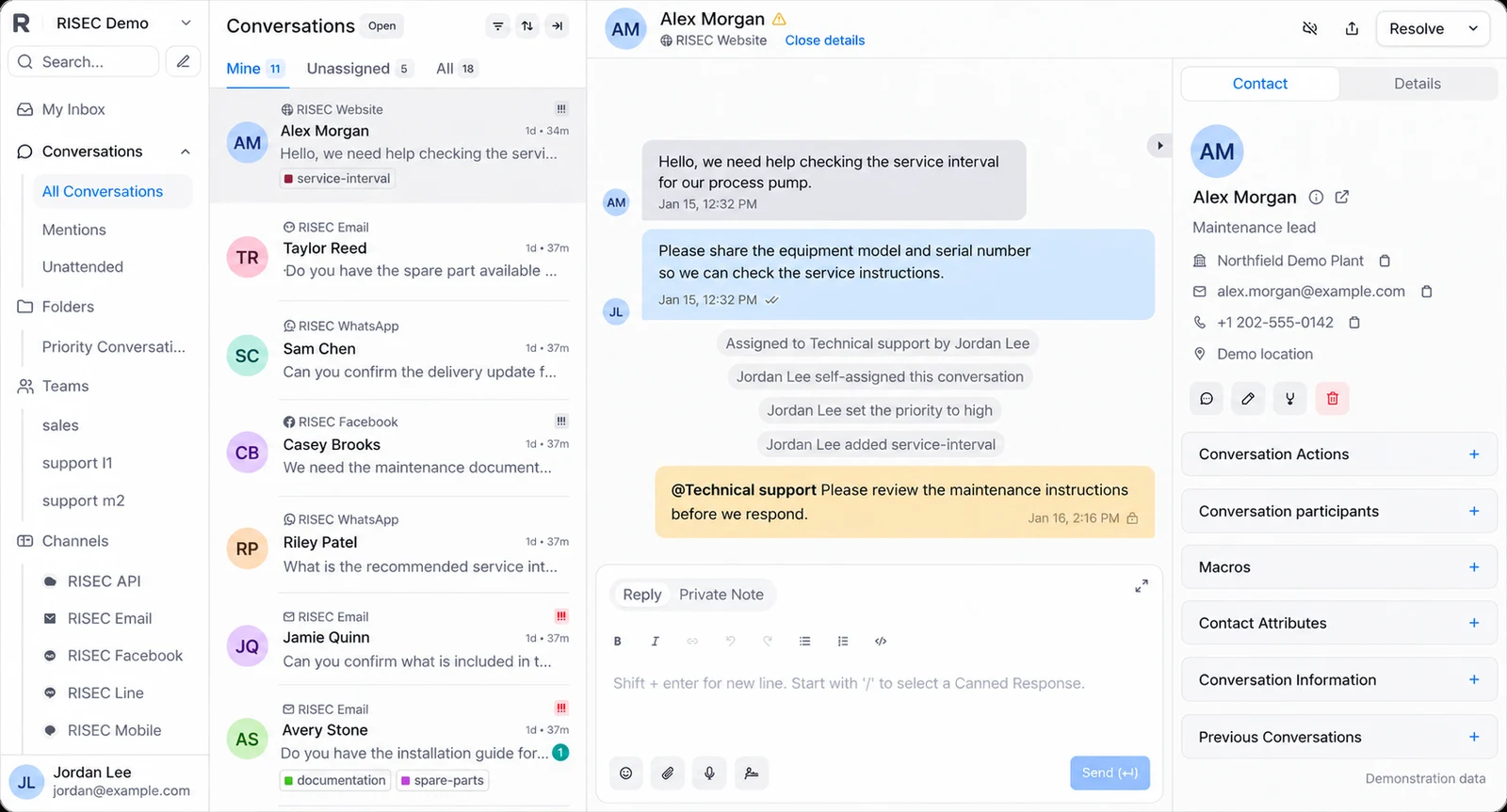 Customer support: owned service conversation, representative interface with sample data