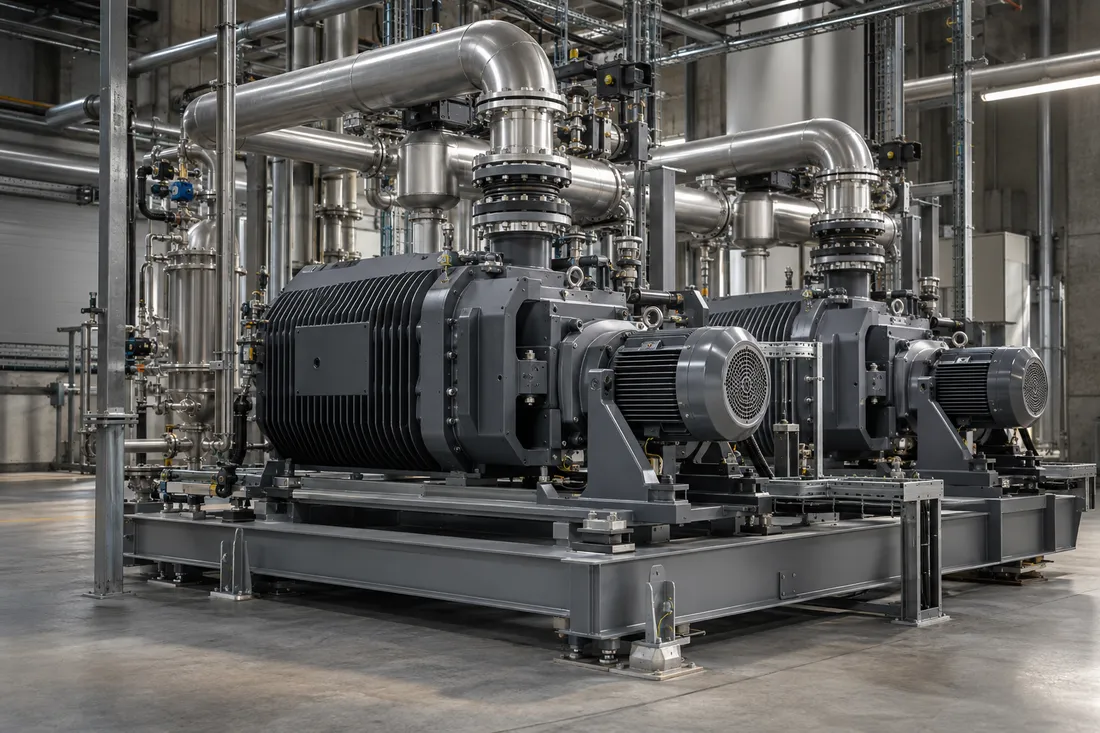 Industrial concept of vacuum pumps and connected process pipework in a factory