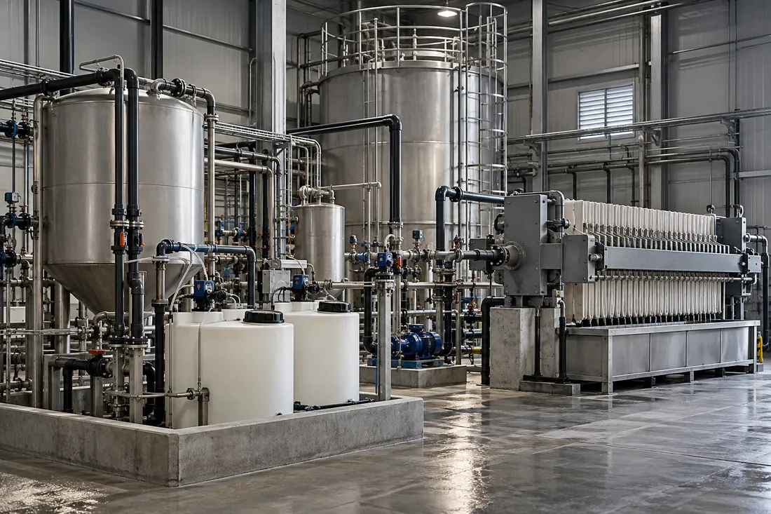 Industrial concept of wastewater treatment vessels, pumps and filtration equipment